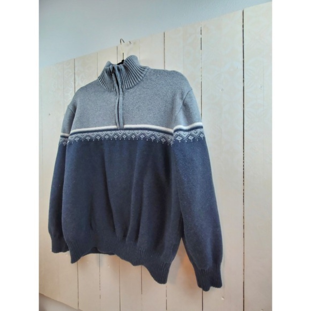 Weatherproof Vintage Mens Large Blue Grey Fair Isle Quarter Zip Cotton Sweater